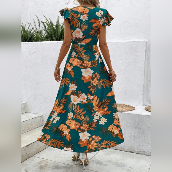 Tropical Print Butterfly Sleeve High Low Hem Dress - Picture 4 of 5